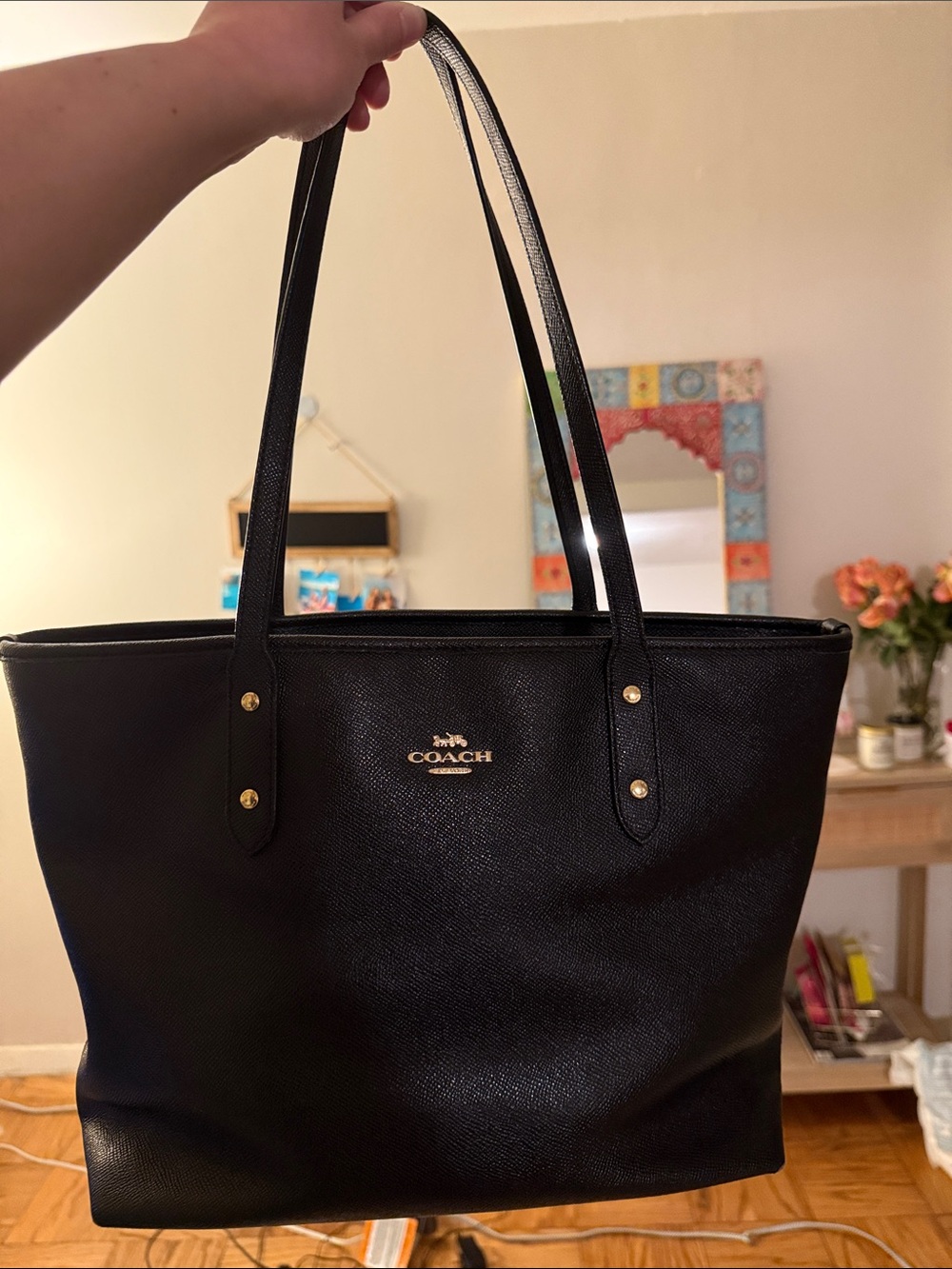 Coach Black Leather Tote with Gold Logo Accents